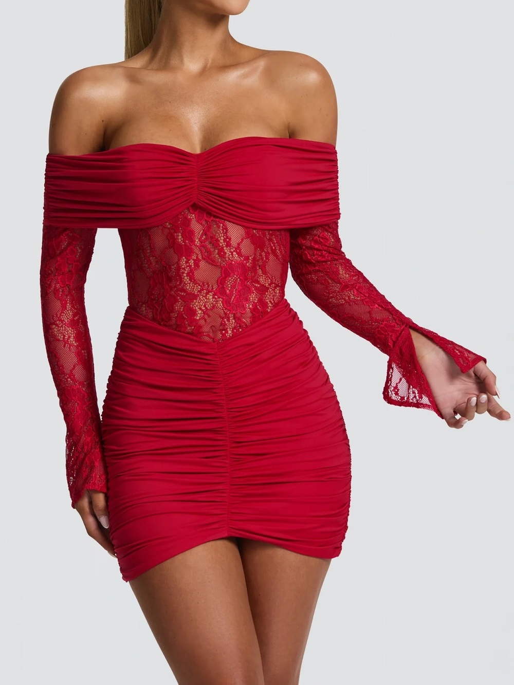 NEW Off-Shoulder Lace Ruched Bodycon Dress in Red